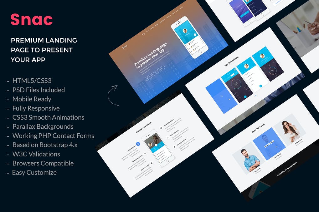 Free Snac Premium App Landing Page HTML5 Template Download