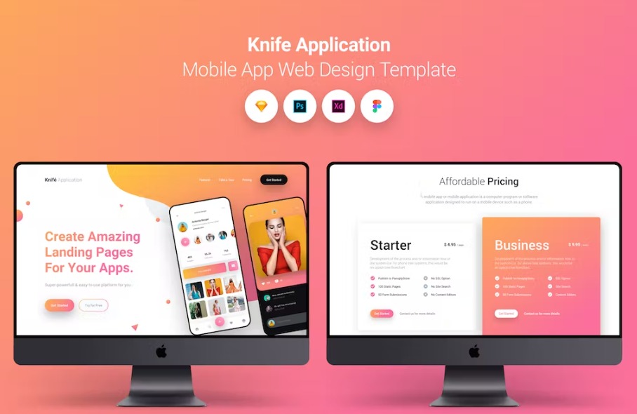 Free Knife Application Mobile App Landing Page Template Download