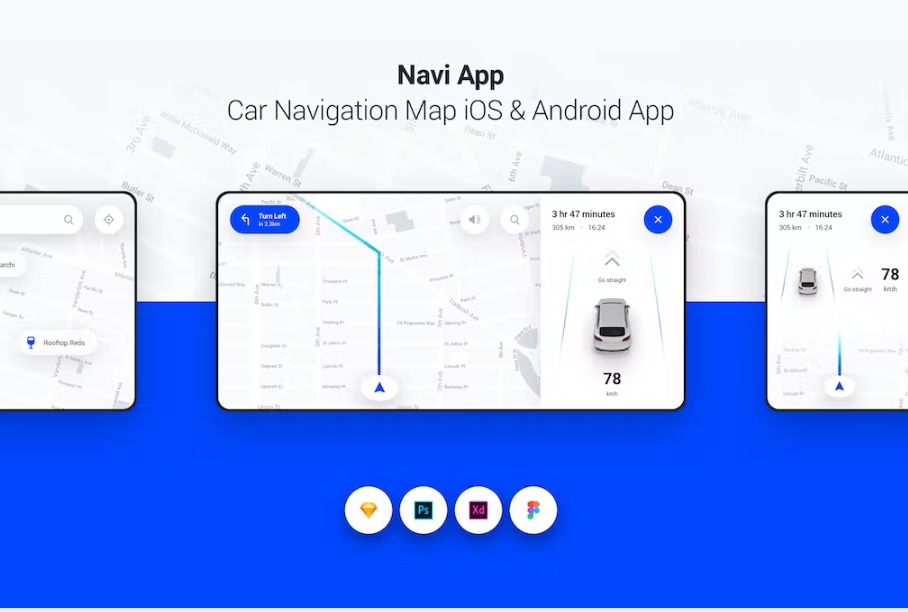 Free Navi App Car Navigation Map iOS & Android App UI Kit