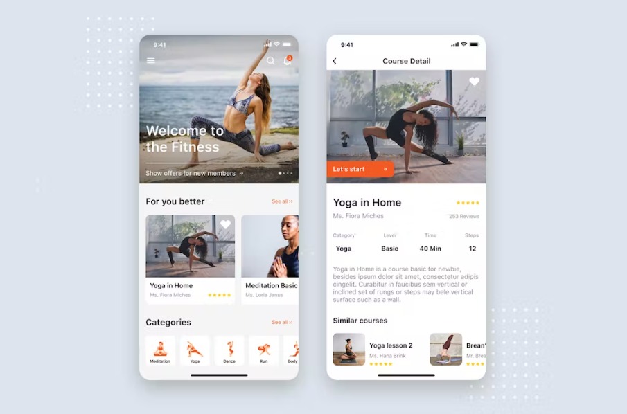 Free Yoga & Fitness App mobile UI Concept Template Download