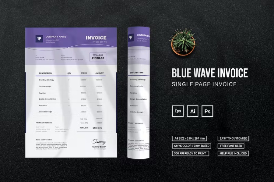 Free Blue Wave Invoice Template Download