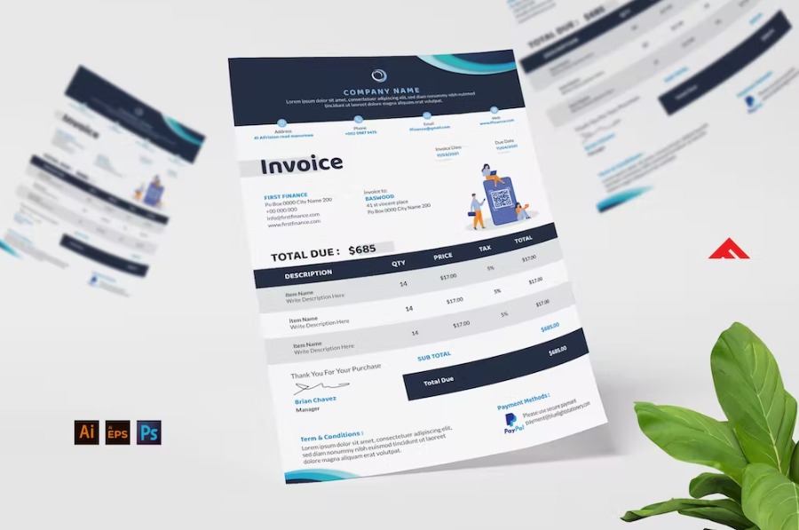 Free Clean Blue Invoice Design Template Download