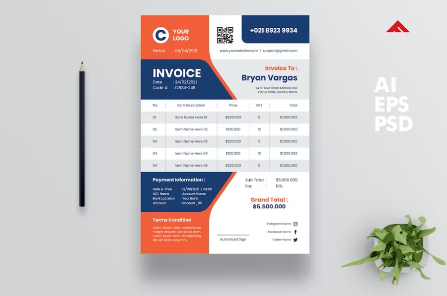 Free Clean Red Blue Invoice Design Template Download