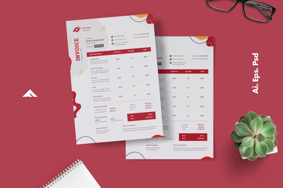 Free Clean Red Blue Invoice Design Template Download