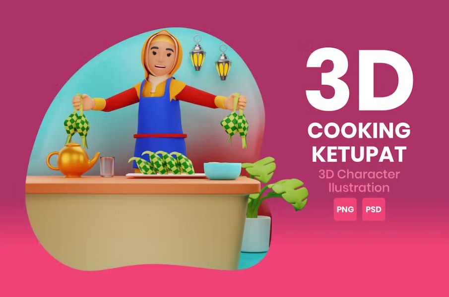 Free Cooking Ketupat 3D Character Illustration Download