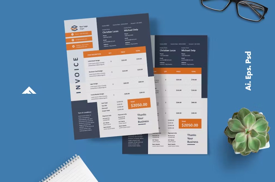 Free Dark Grey Orange Invoice Template Download