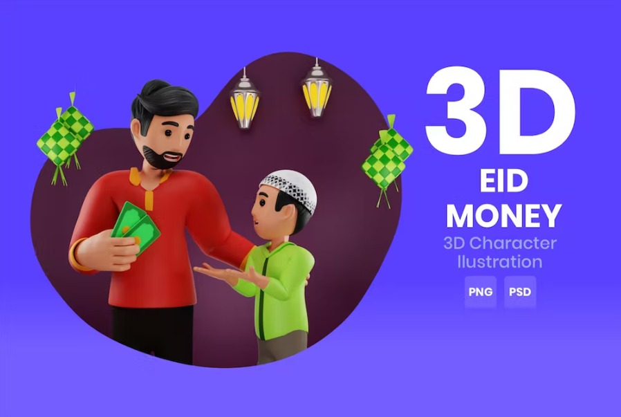 Free Eid Money 3d Character Illustration Template Download