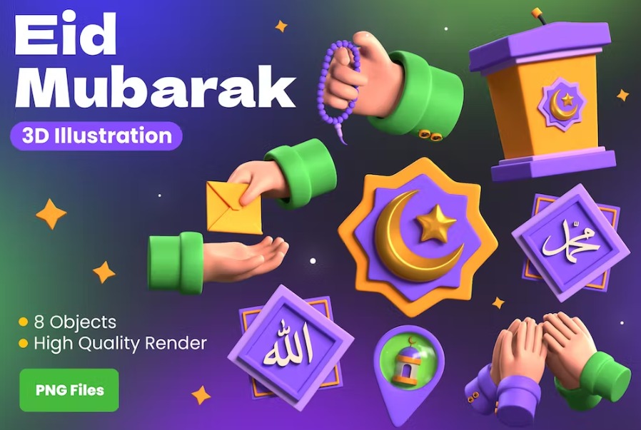 Free Eid mubarak 3d Character Illustration Template Download