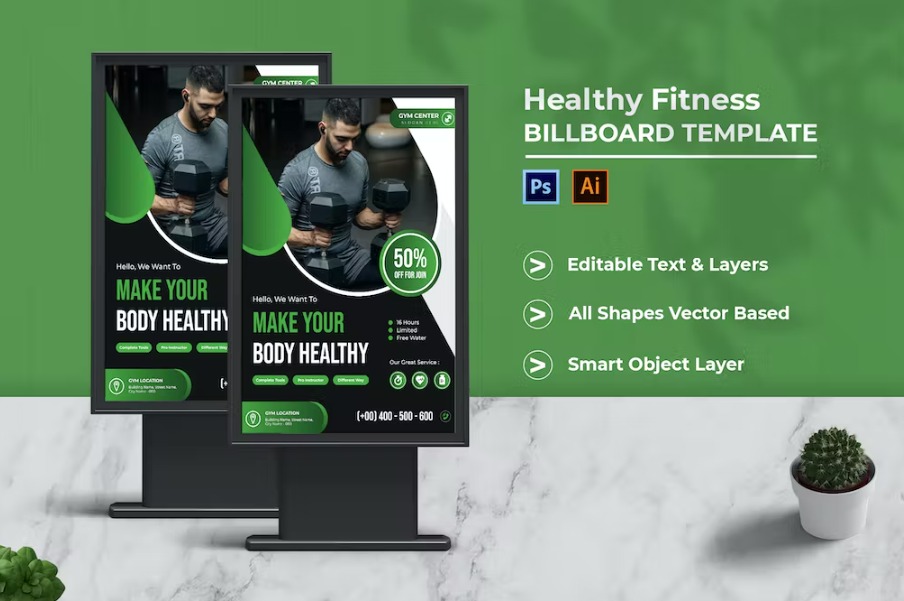 Free Healthy Fitness Billboard Portrait Template Download