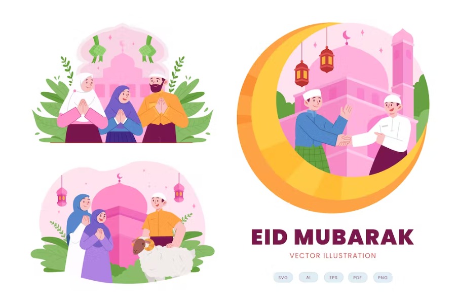 Free Islamic Eid Mubarak Flat Concept illustration Template Download