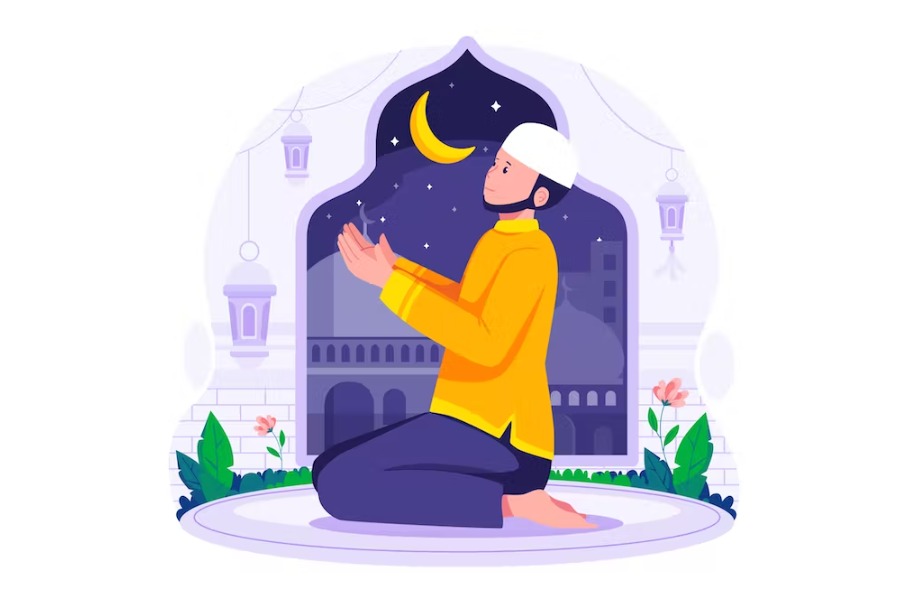 Free Muslim Man Praying On Night Ramadhan Illustration Template Download