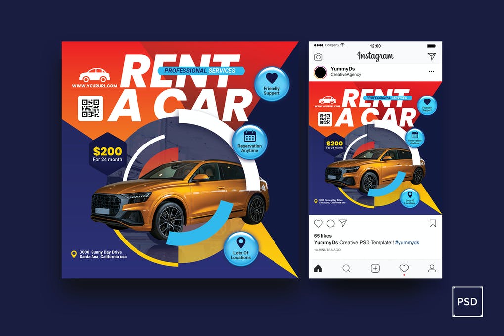 Free Rent a Car Square Flyer & Instagram Post Template Download