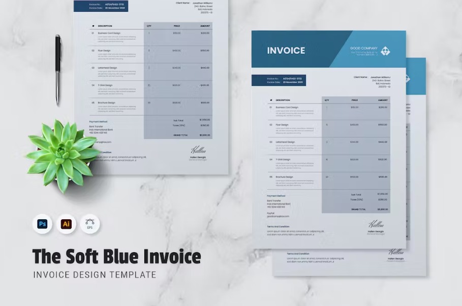 Free Soft Blue Invoice Template Download