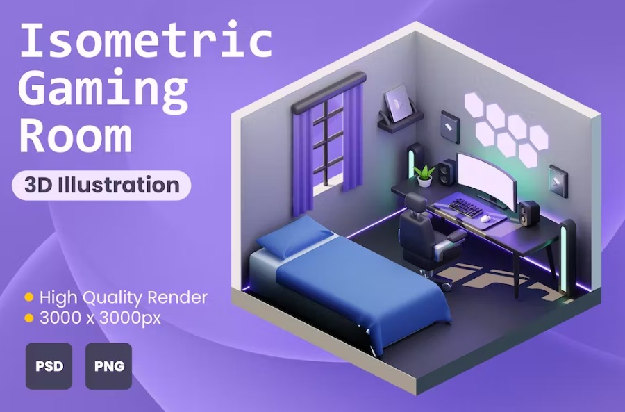 Free 3D Isometric Gaming Room Illustration Download