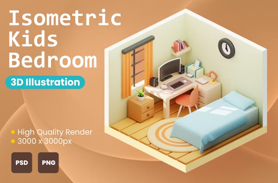 Free 3D Isometric Kids Bedroom Illustration Download