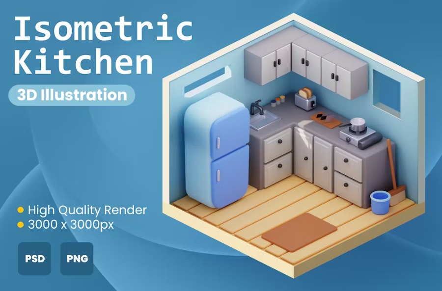 Free 3D Isometric Kitchen Room Illustration Download