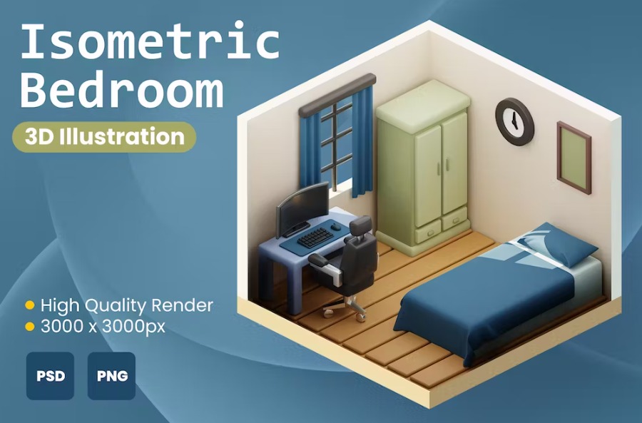 Free 3D Isometric Minimalist Bedroom Illustration Download