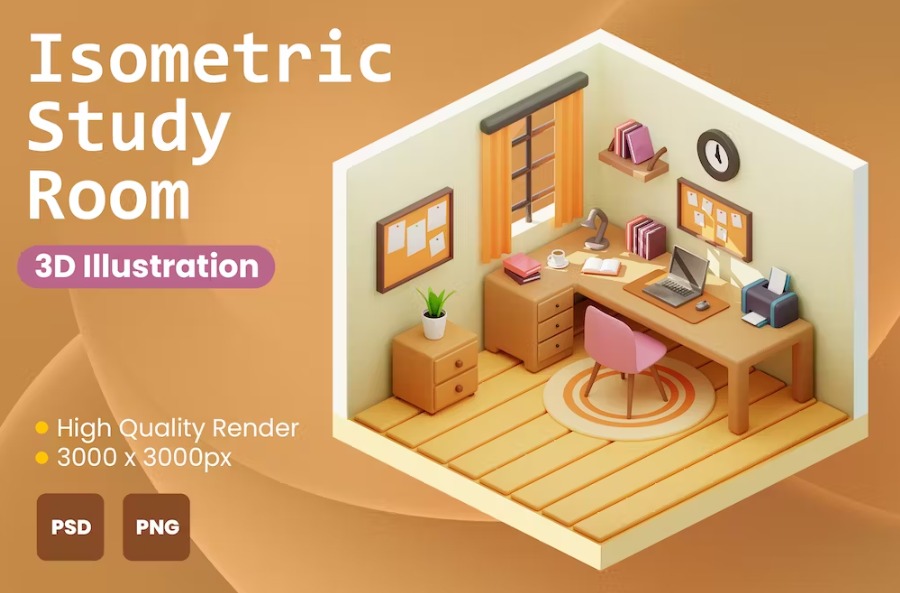 Free 3D Isometric Study Room Illustration Download