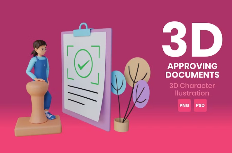 Free Approving Documents 3D Character Illustration Template Download