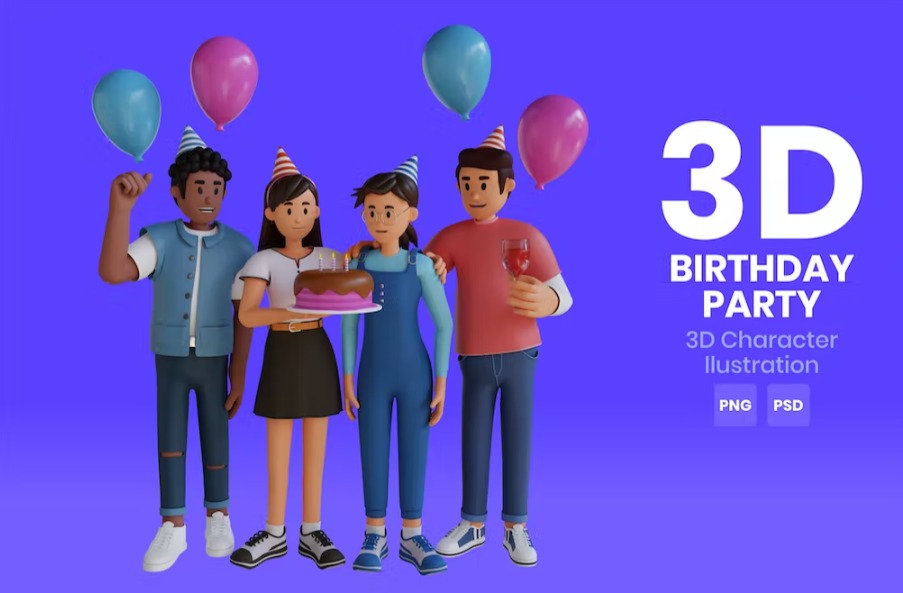 Free Birthday Party 3D Character Illustration Template Download