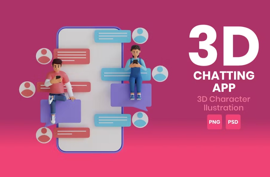 Free Chatting App 3D Character Illustration Template Download