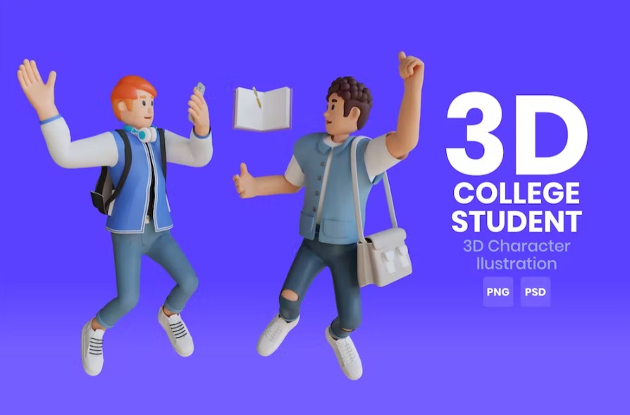 Free College Student 3D Character Illustration Template Download