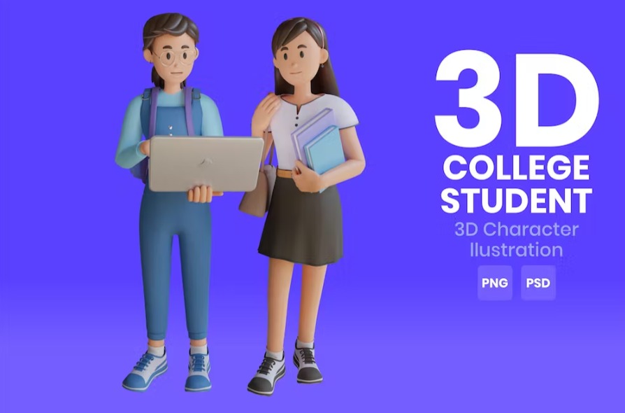 Free College Student 3D Character Illustration Template Vol.06