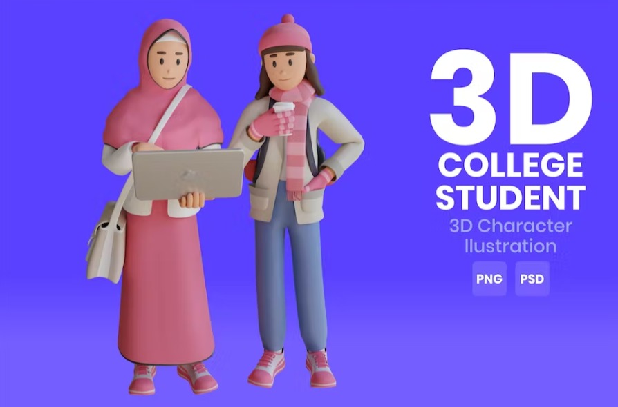 Free College Student 3D Character Illustration Template Download