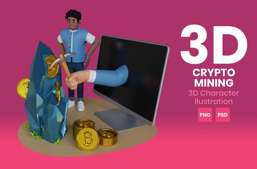 Free Crypto Mining 3D Character Illustration Template Download