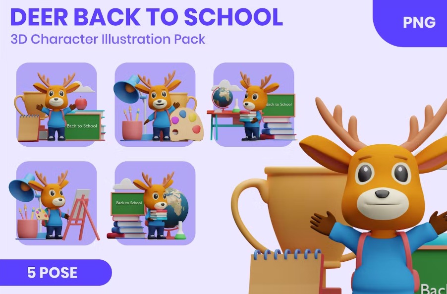 Free Deer 3D Character Back to School Template Download