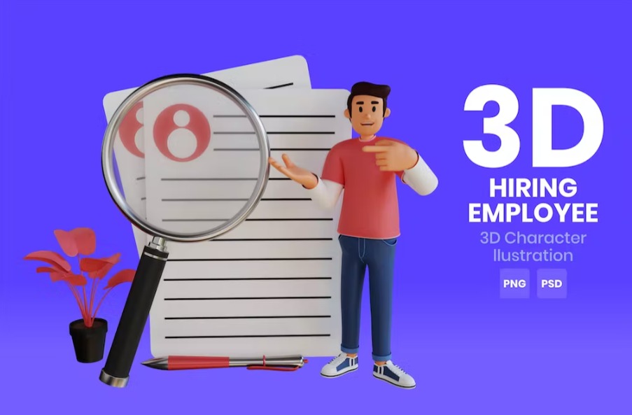 Free Hiring Employee 3D Character Illustration Template Download