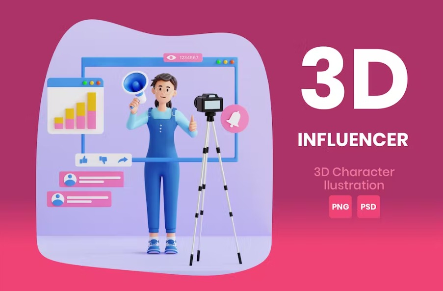 Free Influencer 3D Character Illustration Template Download