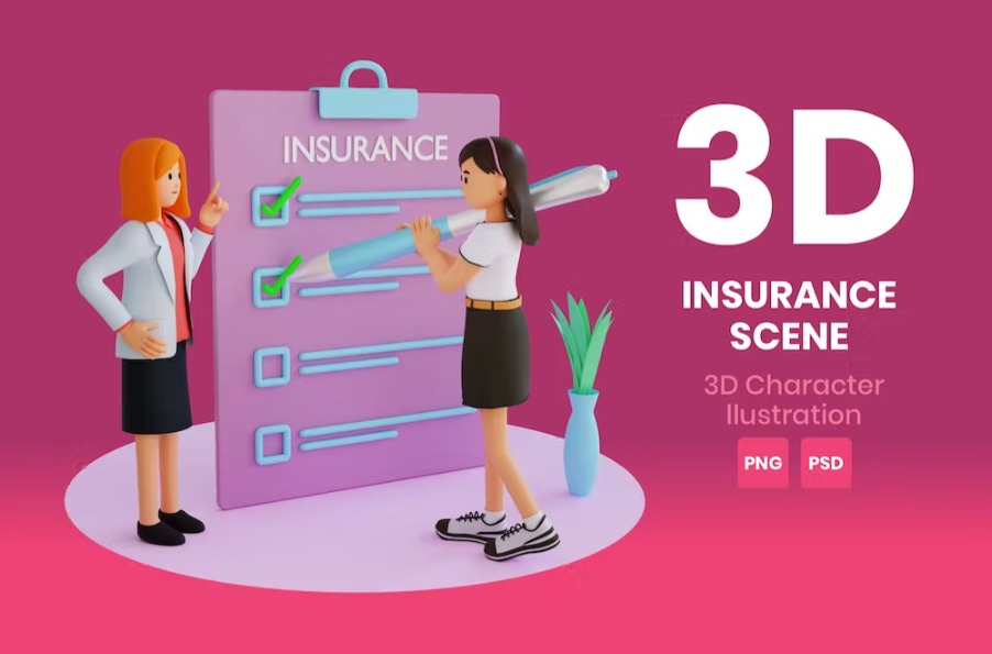 Free Insurance Scene 3D Character Illustration Template Download