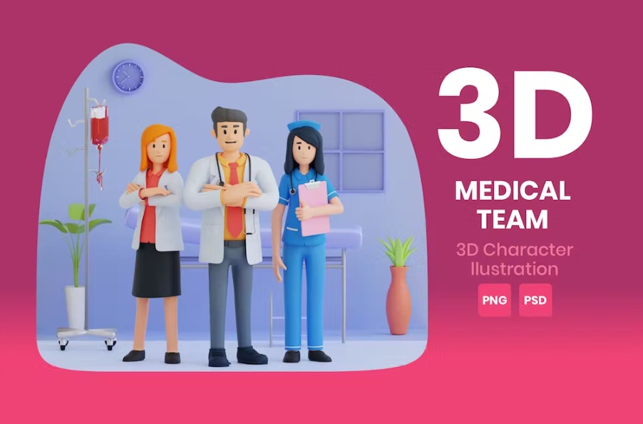 Free Medical Team 3D Character Illustration Template Download