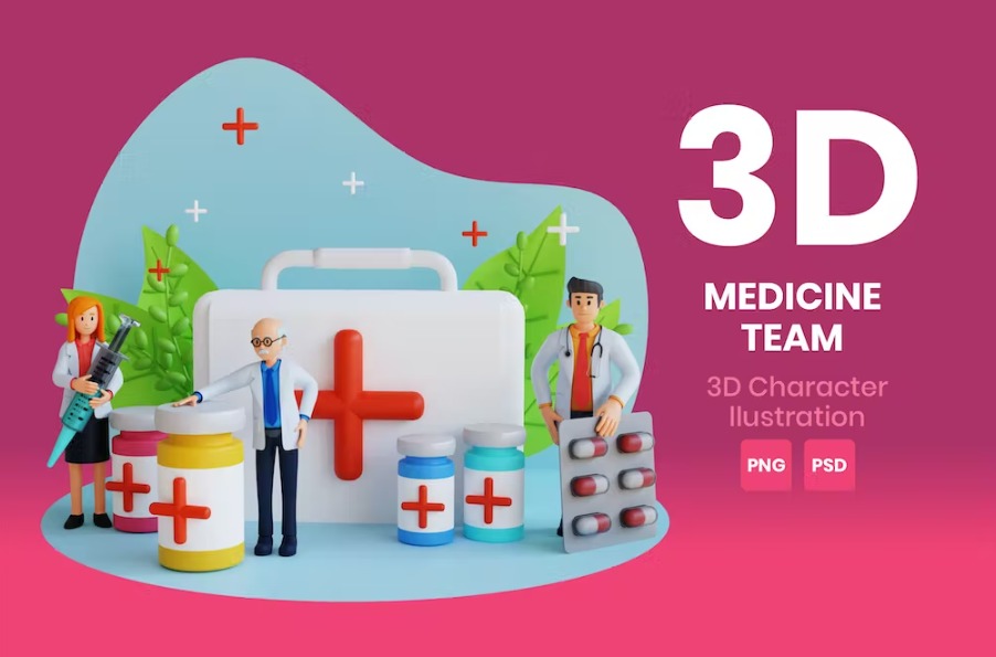 Free Medicine Team 3D Character Illustration Template Download