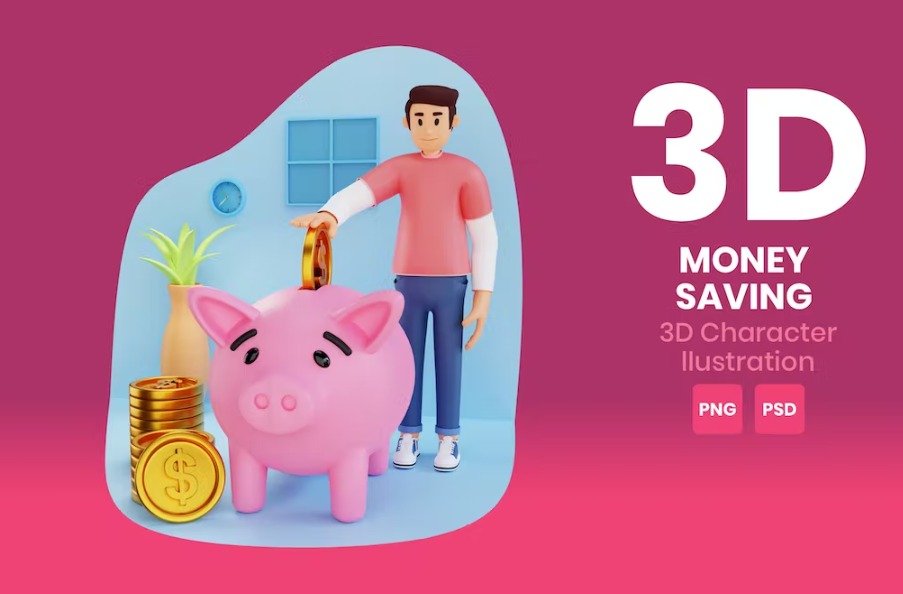 Free Money Saving 3D Character Illustration Template Download