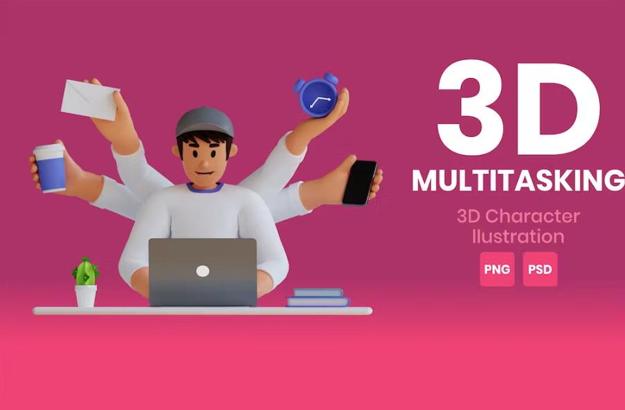 Free Multitasking 3D Character Illustration Template Download