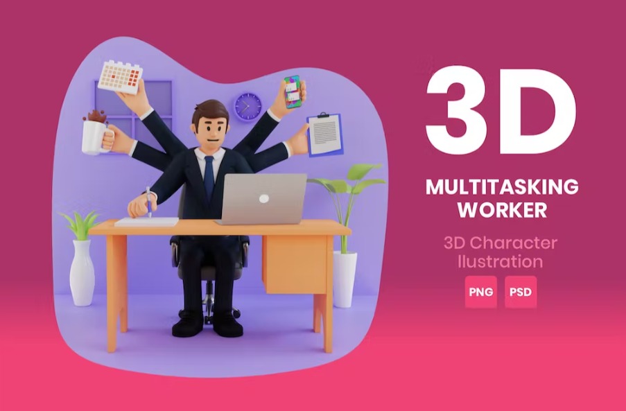 Free Multitasking Worker 3D Character Illustration Template Download