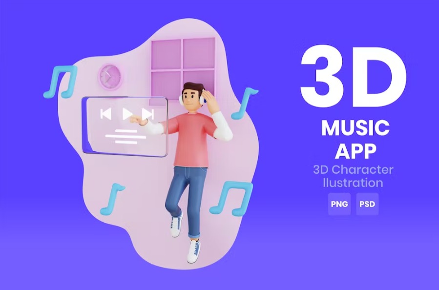 Free Music App 3D Character Illustration Template Download