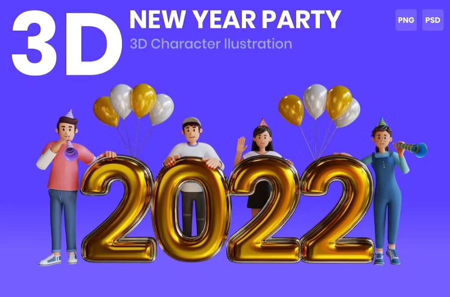 Free New Year Party 3D Character Illustration Template Vol.02