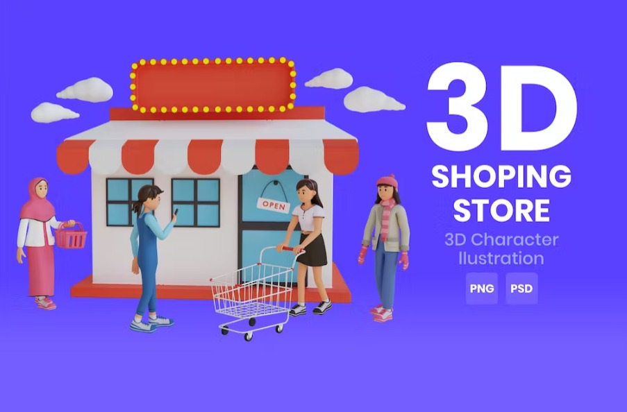 Free Shoping Store 3D Character Illustration Template Download