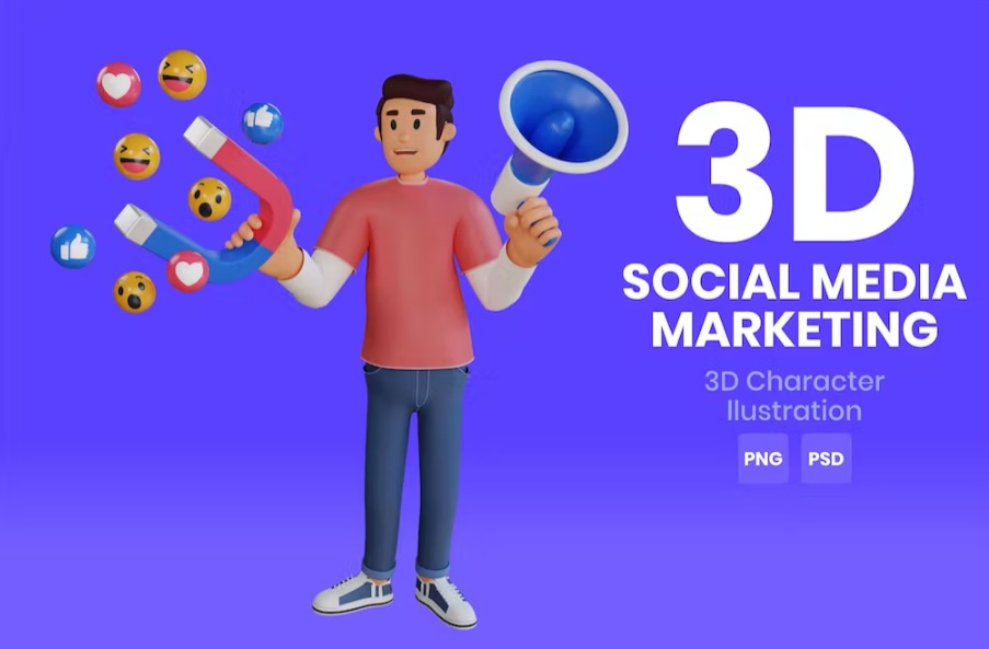 Free Social Media Marketing 3D Character Illustration Template Download