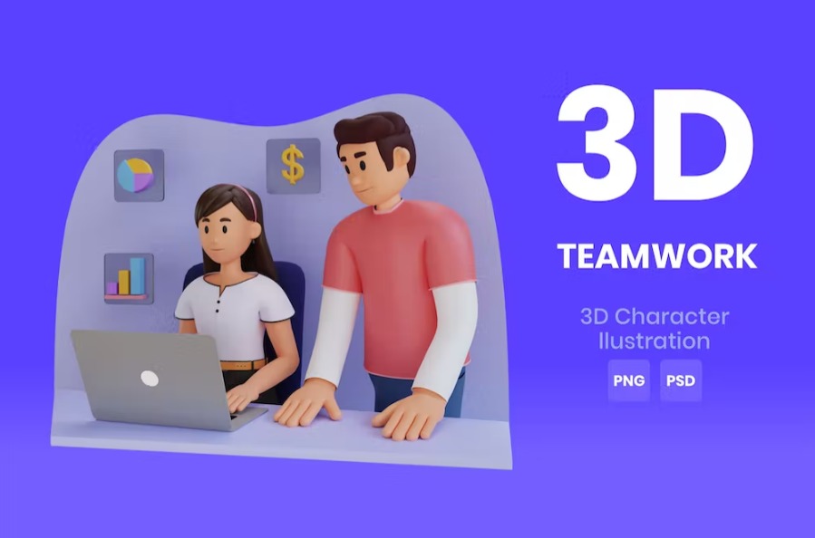 Free Teamwork 3D Character Illustration Template Vol.01