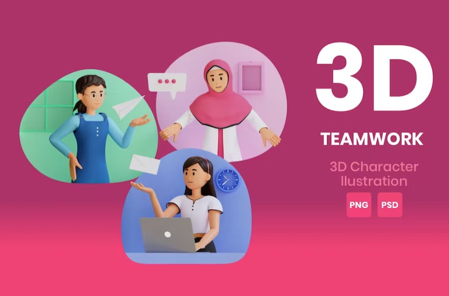 Free Teamwork 3D Character Illustration Template Vol.02