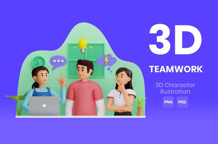 Free Teamwork 3D Character Illustration Template Vol.03