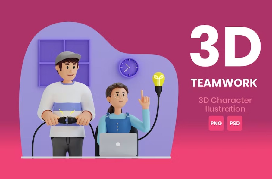 Free Teamwork 3D Character Illustration Template Vol.04