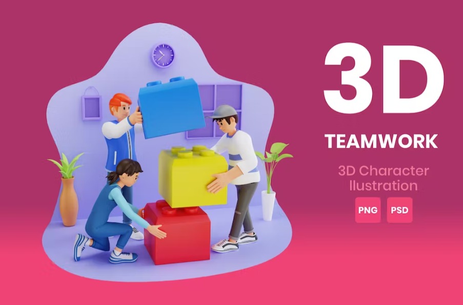 Free Teamwork 3D Character Illustration Template Vol.06