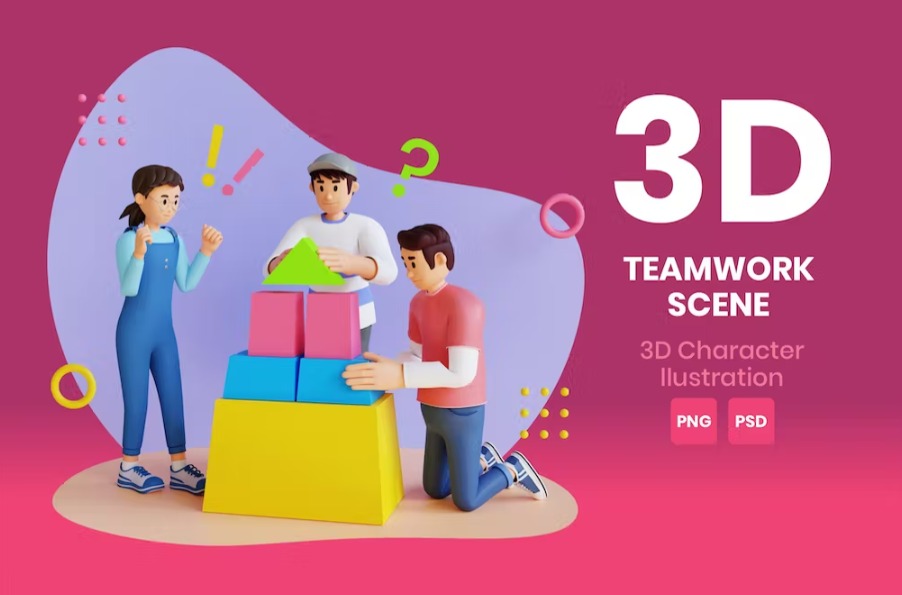 Free Teamwork Scene 3D Character Illustration Template Download