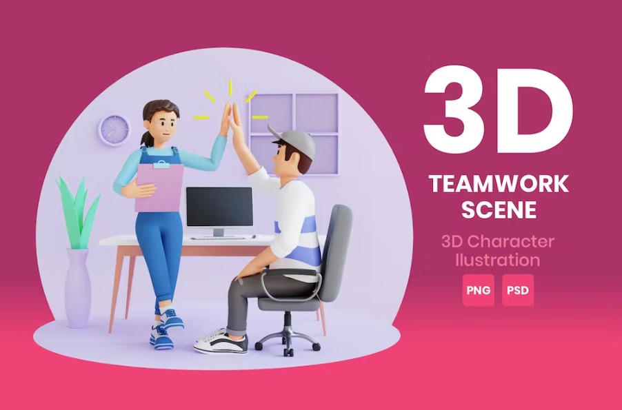 Free Teamwork Scene 3D Character Illustration Template Vol.02