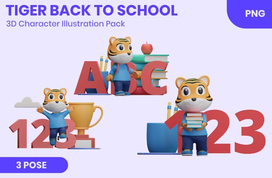 Free Tiger Back to School 3D Character Illustration Template Download